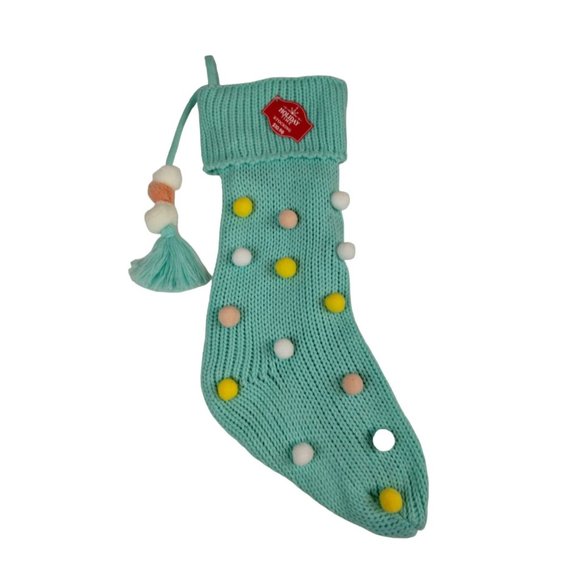 Holiday Time Mint Poms Knit Large 21 inch Christmas Stocking with Tassels New - Picture 1 of 3